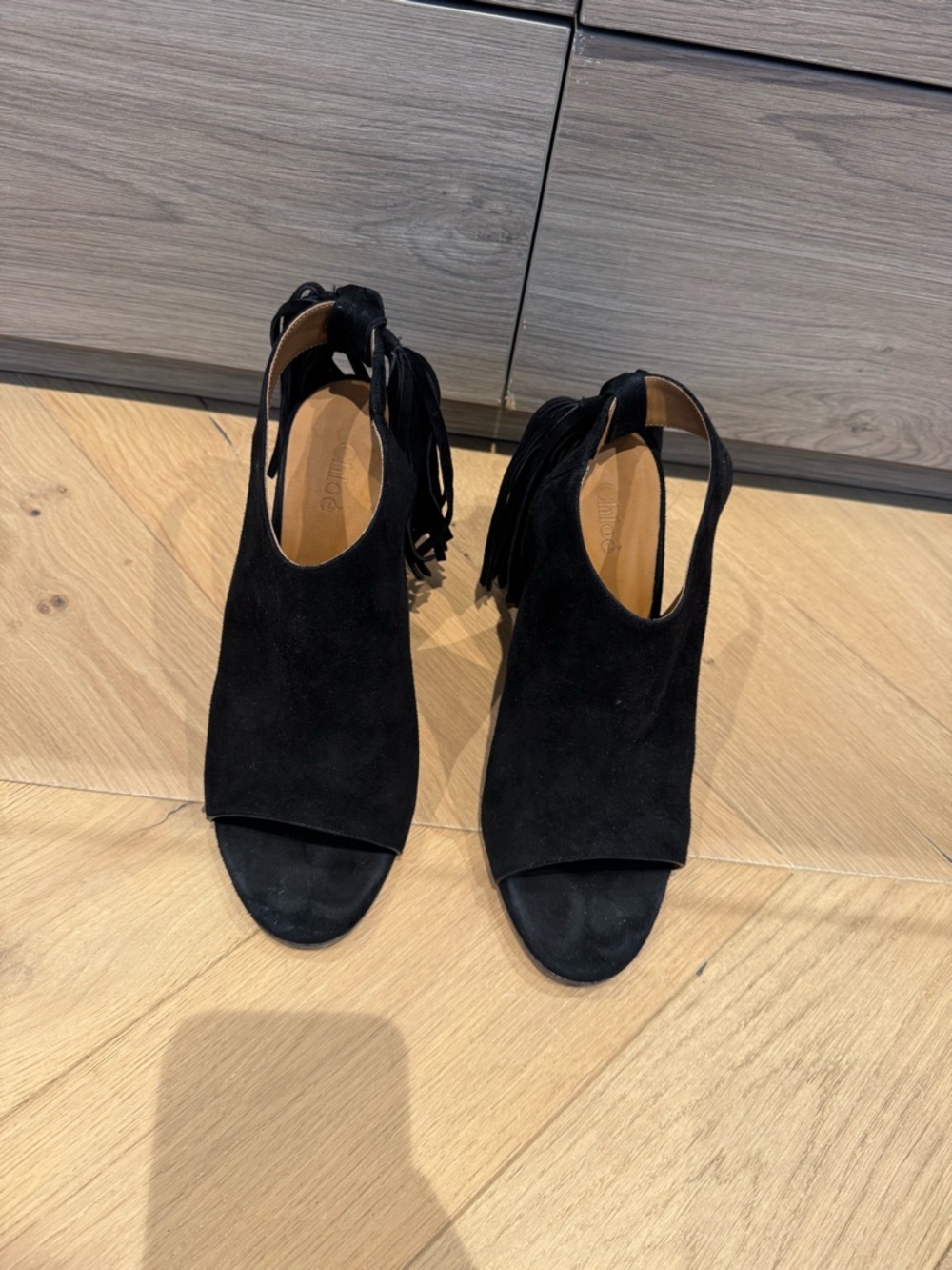 Chloe Black Suede Open-Toe Fringe Slingback Heels